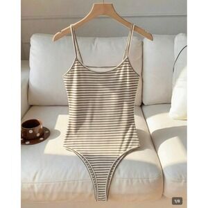 Trendy Striped Ribbed Knit Bodysuit Cream Brown Open Back Adjustable Straps